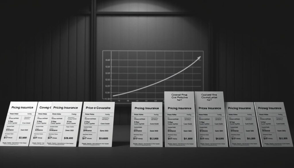 A high-contrast data visualization displaying an insurance pricing comparison across multiple providers. The foreground features a series of clean, minimalist insurance cards arranged in a grid, each showcasing key metrics like monthly premiums, deductibles, and coverage limits. The middle ground depicts a graph or chart analyzing the price-to-coverage ratio for each plan, with clear visual cues to highlight the most cost-effective options. The background is a muted, industrial-inspired environment, with subtle grid patterns and geometric shapes that complement the data-driven aesthetic. Crisp, directional lighting casts shadows that add depth and dimensionality to the scene. The overall mood is one of analytical clarity, guiding the viewer through a comprehensive side-by-side assessment of insurance pricing and value. A high-contrast data visualization displaying an insurance pricing comparison across multiple providers. The foreground features a series of clean, minimalist insurance cards arranged in a grid, each showcasing key metrics like monthly premiums, deductibles, and coverage limits. The middle ground depicts a graph or chart analyzing the price-to-coverage ratio for each plan, with clear visual cues to highlight the most cost-effective options. The background is a muted, industrial-inspired environment, with subtle grid patterns and geometric shapes that complement the data-driven aesthetic. Crisp, directional lighting casts shadows that add depth and dimensionality to the scene. The overall mood is one of analytical clarity, guiding the viewer through a comprehensive side-by-side assessment of insurance pricing and value.