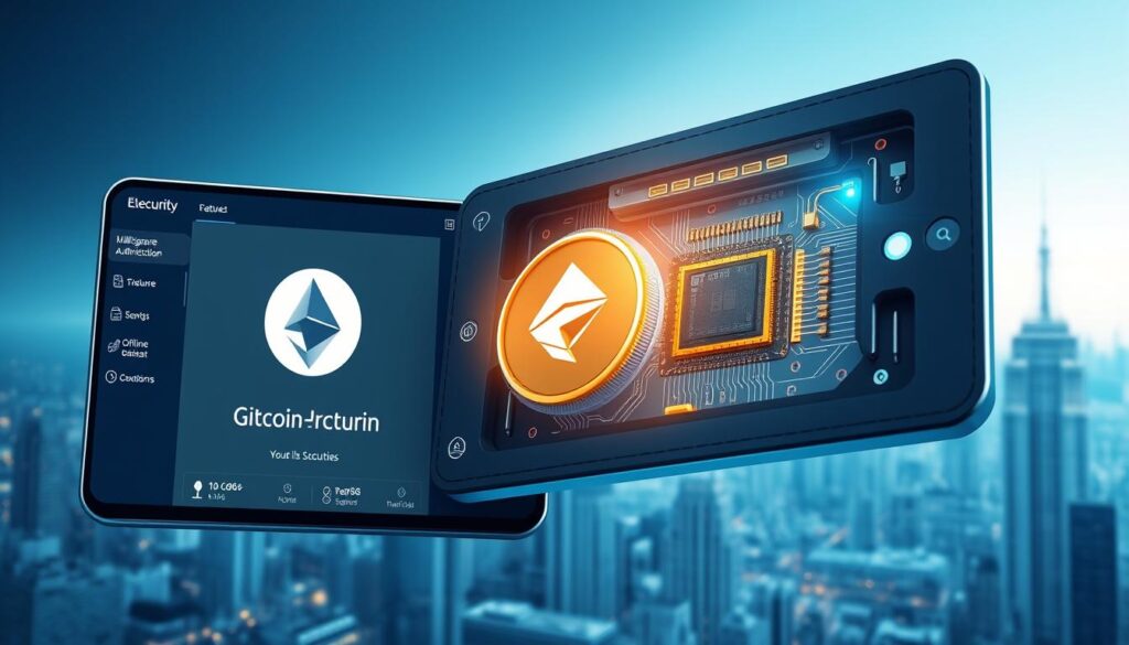 A highly detailed, photorealistic digital illustration of an Electrum Bitcoin wallet's security features, rendered in a clean, sleek, and futuristic style. In the foreground, the wallet's user interface is prominently displayed, showcasing its intuitive design and robust security measures such as multi-signature authentication, hardware wallet integration, and offline transaction signing. The middle ground features a cutaway view revealing the wallet's internal architecture, highlighting the advanced cryptographic algorithms and tamper-resistant hardware components that protect users' digital assets. The background depicts a cityscape skyline, symbolizing the wallet's role in securing users' financial freedom in the digital age, bathed in cool, blue-toned lighting that conveys a sense of trust and reliability. A highly detailed, photorealistic digital illustration of an Electrum Bitcoin wallet's security features, rendered in a clean, sleek, and futuristic style. In the foreground, the wallet's user interface is prominently displayed, showcasing its intuitive design and robust security measures such as multi-signature authentication, hardware wallet integration, and offline transaction signing. The middle ground features a cutaway view revealing the wallet's internal architecture, highlighting the advanced cryptographic algorithms and tamper-resistant hardware components that protect users' digital assets. The background depicts a cityscape skyline, symbolizing the wallet's role in securing users' financial freedom in the digital age, bathed in cool, blue-toned lighting that conveys a sense of trust and reliability.
