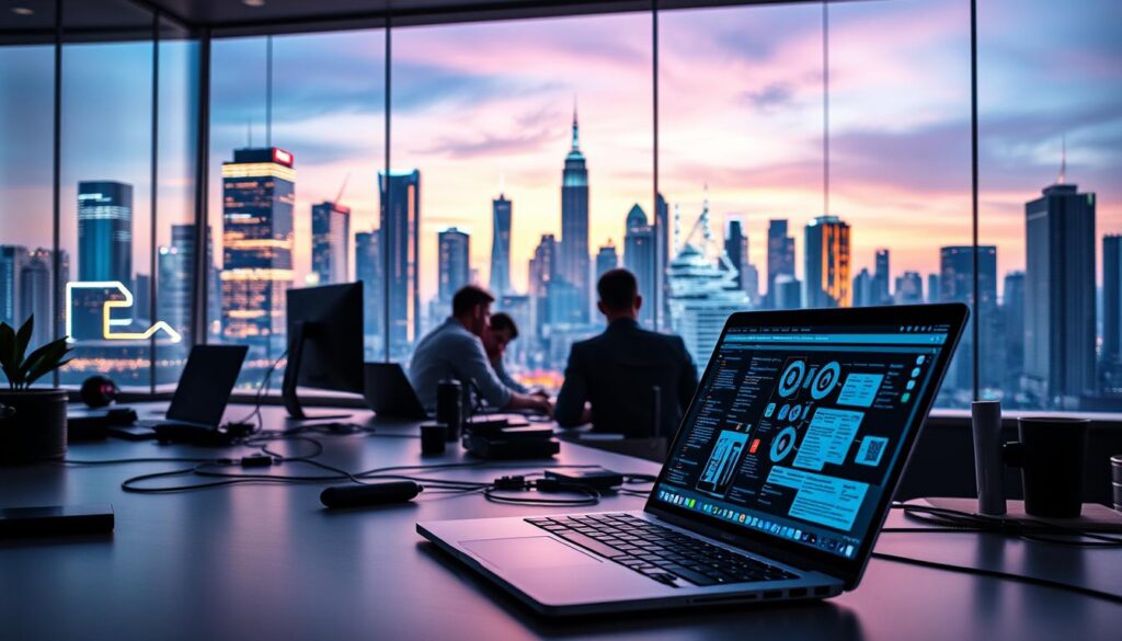 A modern, sleek mobile app development workspace. In the foreground, a laptop displays an intricate UI design, surrounded by various input devices and a minimalist desk setup. The middle ground features a team of developers collaborating on code, their faces obscured, with a large monitor displaying a complex software architecture diagram. The background showcases a vibrant city skyline, with towering skyscrapers and a futuristic, tech-infused atmosphere. Soft, directional lighting illuminates the scene, creating a sense of focus and productivity. The overall composition conveys the dynamic, innovative nature of mobile app development in the tech-driven future. Top 15 Online Business Ideas With Low Startup Costs | Investment Guru