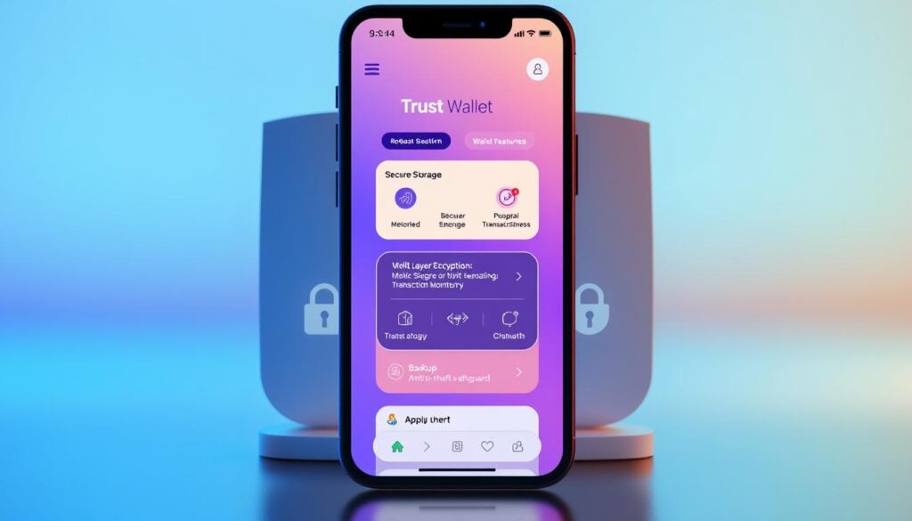A sleek and modern mobile crypto wallet interface, showcasing its robust security features. In the foreground, a smartphone displays the Trust Wallet app, its clean and intuitive design highlighting key functions like biometric authentication, secure storage, and transaction monitoring. The middle ground features stylized icons and infographic elements, conveying the wallet's multi-layer encryption, backup capabilities, and anti-theft safeguards. The background is a minimalist, gradient-based composition, evoking a sense of digital trustworthiness and protection. Subtle lighting effects, clean lines, and a refined color palette create an overall impression of a highly secure, user-friendly mobile crypto management solution. A sleek and modern mobile crypto wallet interface, showcasing its robust security features. In the foreground, a smartphone displays the Trust Wallet app, its clean and intuitive design highlighting key functions like biometric authentication, secure storage, and transaction monitoring. The middle ground features stylized icons and infographic elements, conveying the wallet's multi-layer encryption, backup capabilities, and anti-theft safeguards. The background is a minimalist, gradient-based composition, evoking a sense of digital trustworthiness and protection. Subtle lighting effects, clean lines, and a refined color palette create an overall impression of a highly secure, user-friendly mobile crypto management solution.