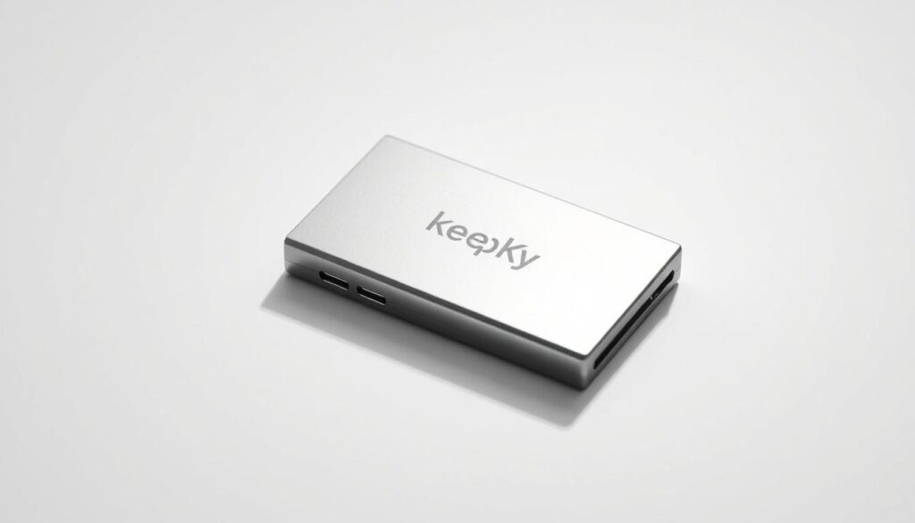 A sleek, silver KeepKey hardware wallet rests on a crisp white background, casting a soft shadow beneath it. The device's minimal, rectangular design is accentuated by muted lighting, creating a sense of modern sophistication. The front panel features the KeepKey logo, subtly illuminated, while the sides and back reveal the sturdy, tamper-resistant construction. The overall presentation conveys a secure, trustworthy, and premium-quality cryptocurrency storage solution, ideal for the "Affordable Hardware Security" section of the article. A sleek, silver KeepKey hardware wallet rests on a crisp white background, casting a soft shadow beneath it. The device's minimal, rectangular design is accentuated by muted lighting, creating a sense of modern sophistication. The front panel features the KeepKey logo, subtly illuminated, while the sides and back reveal the sturdy, tamper-resistant construction. The overall presentation conveys a secure, trustworthy, and premium-quality cryptocurrency storage solution, ideal for the "Affordable Hardware Security" section of the article.