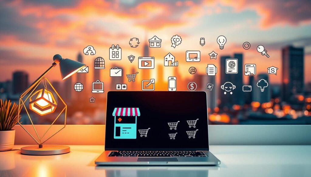A vibrant e-commerce scene with a variety of online business concepts. In the foreground, a sleek laptop displaying digital storefronts and shopping carts, set against a clean, minimalist workspace with a geometric desk lamp providing warm, directional lighting. In the middle ground, various icons and symbols representing different e-commerce ideas, such as online marketplaces, subscription services, and digital products. The background features a soft, blurred cityscape with skyscrapers and a vibrant sunset sky, conveying a sense of urban innovation and technological progress. The overall atmosphere is one of productivity, creativity, and the boundless potential of e-commerce. Top 15 Online Business Ideas With Low Startup Costs | Investment Guru