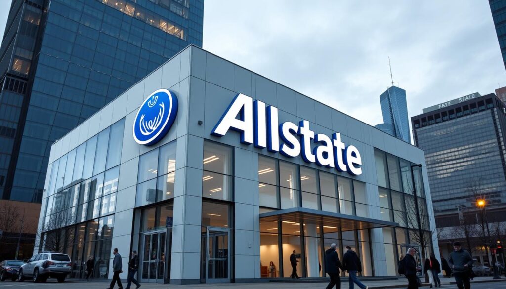 A well-lit, high-quality photograph of a sturdy, modern office building with the Allstate Insurance logo prominently displayed on the facade. The building has a sleek, professional design with clean lines, glass windows, and a distinct corporate aesthetic. In the foreground, there are several people walking in and out of the building, conveying a sense of activity and functionality. The background features a cityscape with towering skyscrapers, suggesting a metropolitan setting. The overall mood is one of reliability, stability, and trustworthiness - key attributes associated with the Allstate brand. A well-lit, high-quality photograph of a sturdy, modern office building with the Allstate Insurance logo prominently displayed on the facade. The building has a sleek, professional design with clean lines, glass windows, and a distinct corporate aesthetic. In the foreground, there are several people walking in and out of the building, conveying a sense of activity and functionality. The background features a cityscape with towering skyscrapers, suggesting a metropolitan setting. The overall mood is one of reliability, stability, and trustworthiness - key attributes associated with the Allstate brand.