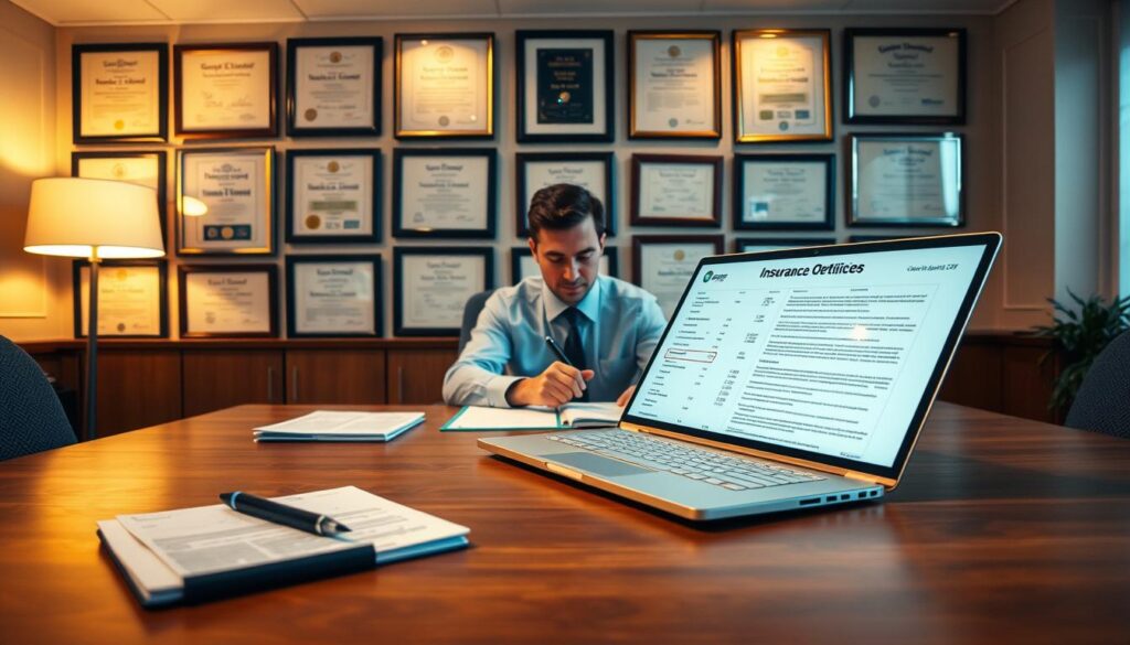 A well-lit office setting with a large desk in the foreground, neatly organized with a laptop, documents, and a pen. In the middle ground, a person in professional attire sits at the desk, studying insurance policies and comparing options on the screen. The background features a wall of framed certificates and awards, conveying a sense of expertise and authority. The lighting is warm and inviting, creating a serious yet approachable atmosphere. The overall scene suggests a thoughtful, informed decision-making process in choosing the right insurance coverage. A well-lit office setting with a large desk in the foreground, neatly organized with a laptop, documents, and a pen. In the middle ground, a person in professional attire sits at the desk, studying insurance policies and comparing options on the screen. The background features a wall of framed certificates and awards, conveying a sense of expertise and authority. The lighting is warm and inviting, creating a serious yet approachable atmosphere. The overall scene suggests a thoughtful, informed decision-making process in choosing the right insurance coverage.
